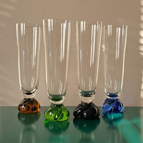 Set of Four Vintage Art Glass Multi-Coloured Footed Drinking Glasses Bareware - Picture 2 of 8
